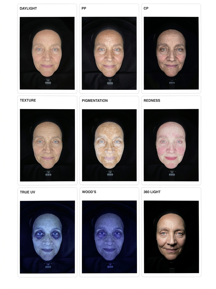 Die Analysemodi des Observ 520x: Tageslicht, PP, CP, Textur, Pigmentierung, Rötungen, True UV, Wood's-Licht und 360 Light